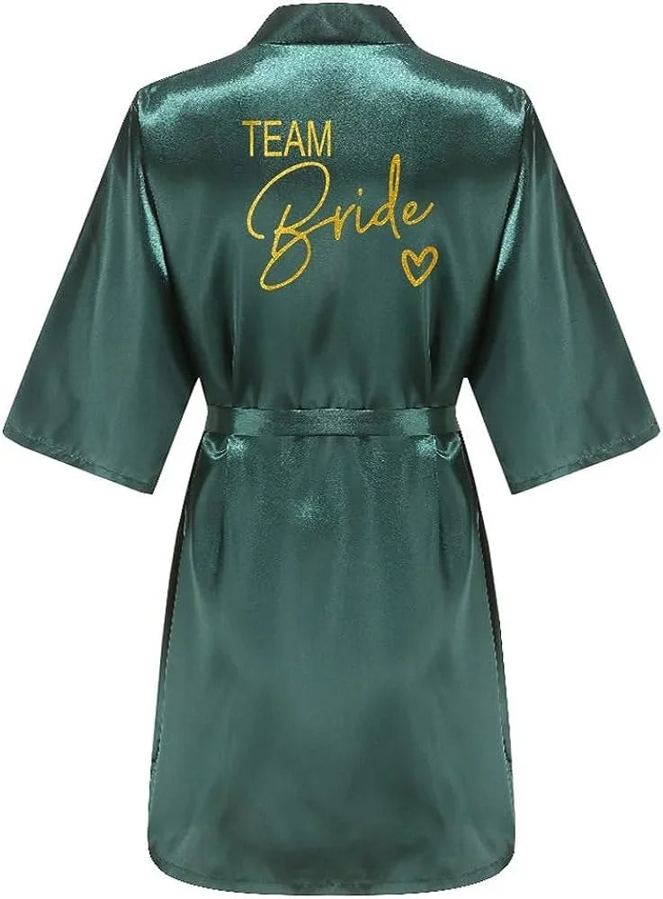 Satin Bridal Party Robe with Gold Lettering | Kimono Bathrobe for Bride & Bridesmaids — Wedding Morning Essential