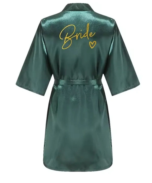 Satin Bridal Party Robe with Gold Lettering | Kimono Bathrobe for Bride & Bridesmaids — Wedding Morning Essential