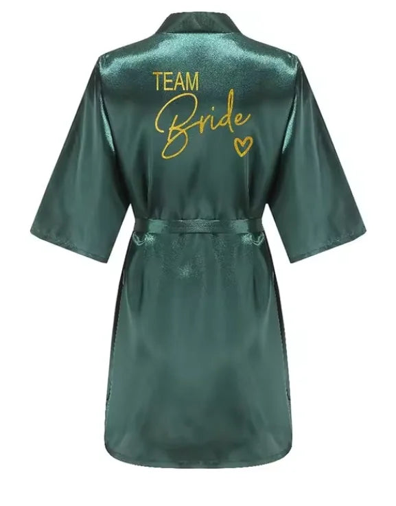 Satin Bridal Party Robe with Gold Lettering | Kimono Bathrobe for Bride & Bridesmaids — Wedding Morning Essential