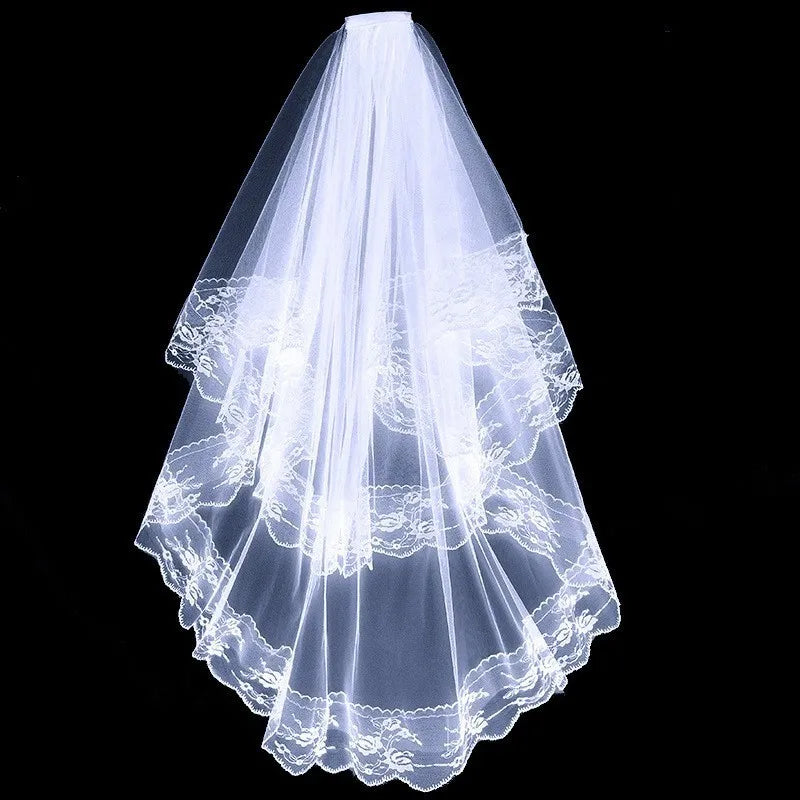 Two-Layer Lace Bridal Veil with Comb | White & Black Wedding Veil | Short Bridal Hair Accessory