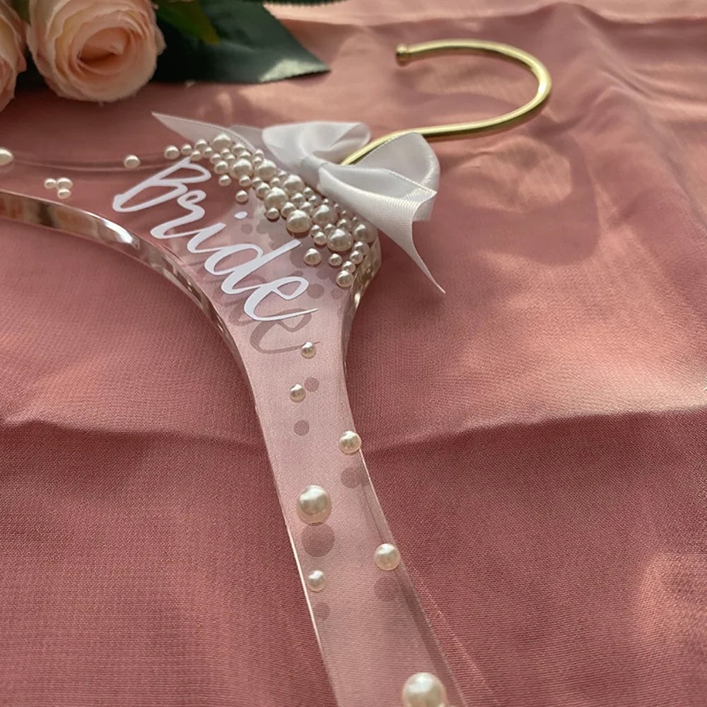 Bridal Acrylic Dress Hanger with Pearls & Bow — Wedding Day Keepsake Gift