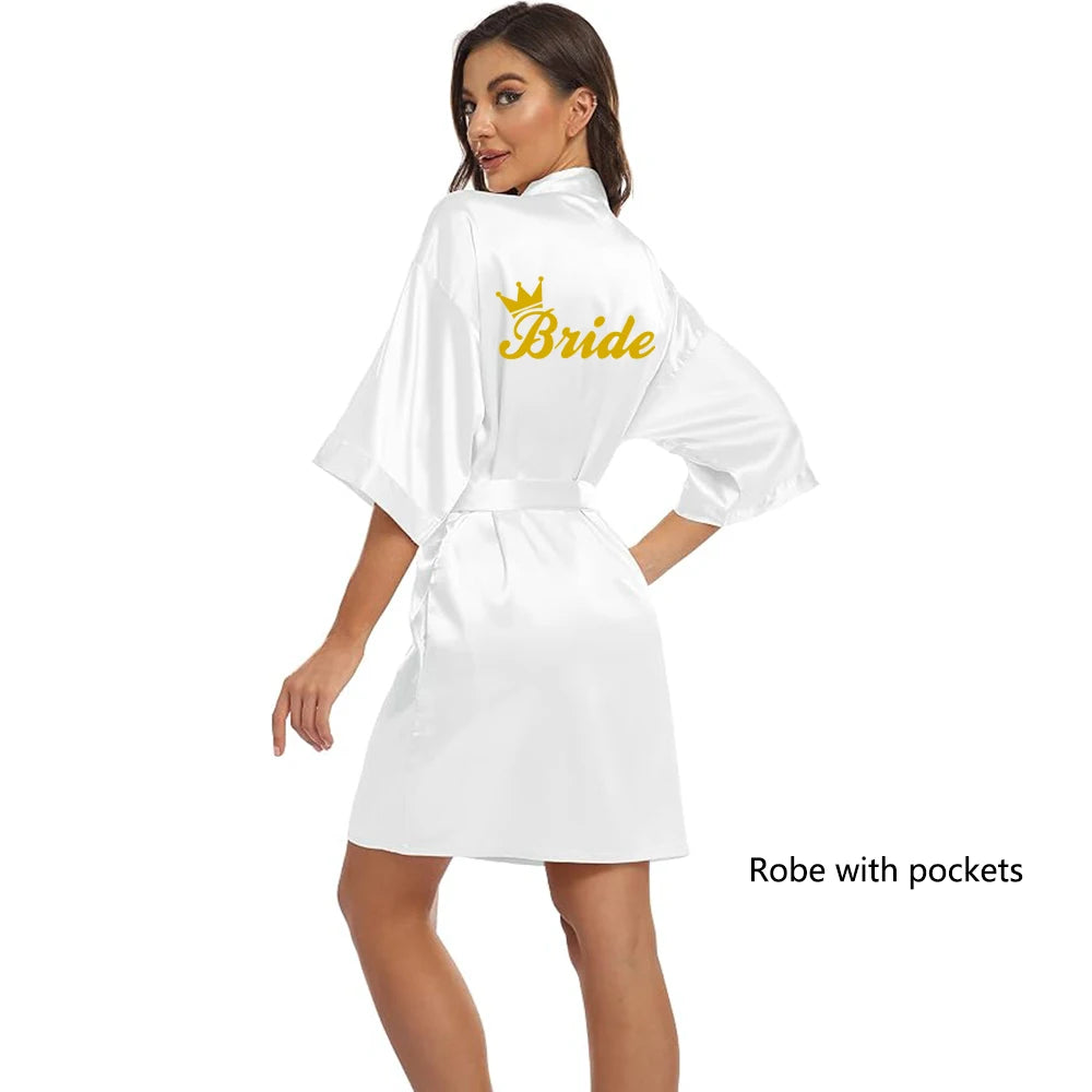 Satin "Team Bride" Kimono Robe | Mini Bridal Party Bathrobe with White Lettering