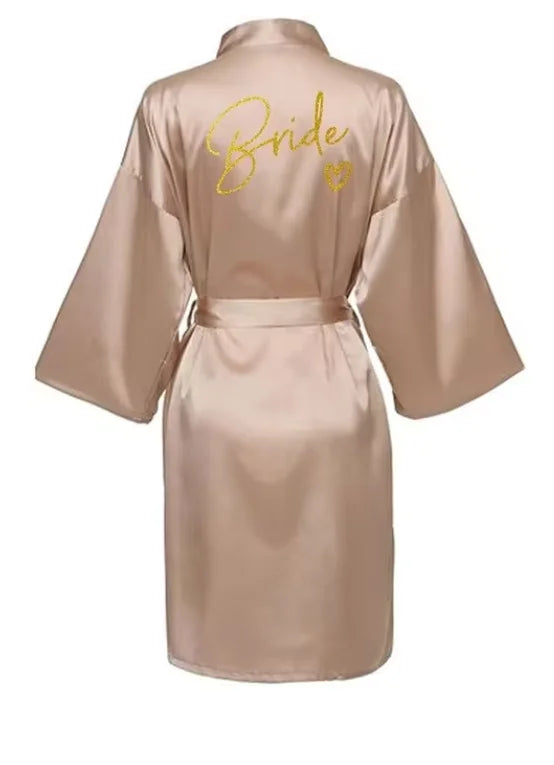 Satin Bridal Party Robe with Gold Lettering | Kimono Bathrobe for Bride & Bridesmaids — Wedding Morning Essential