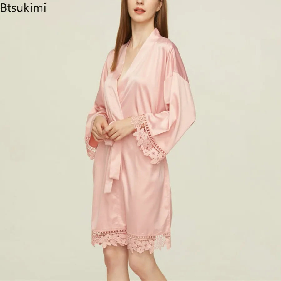 Lace-Trim Satin Bridal Robe | Long Kimono Dressing Gown for Brides & Bridesmaids