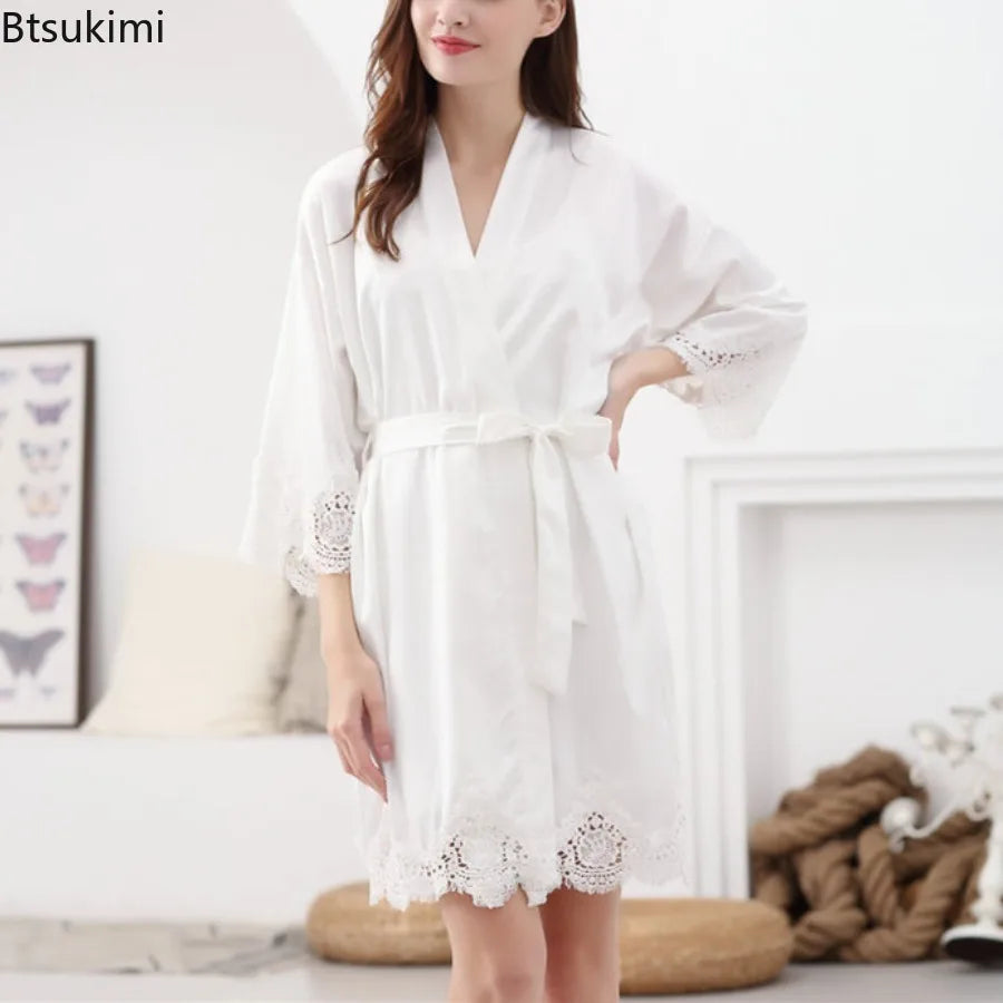 Lace-Trim Satin Bridal Robe | Long Kimono Dressing Gown for Brides & Bridesmaids