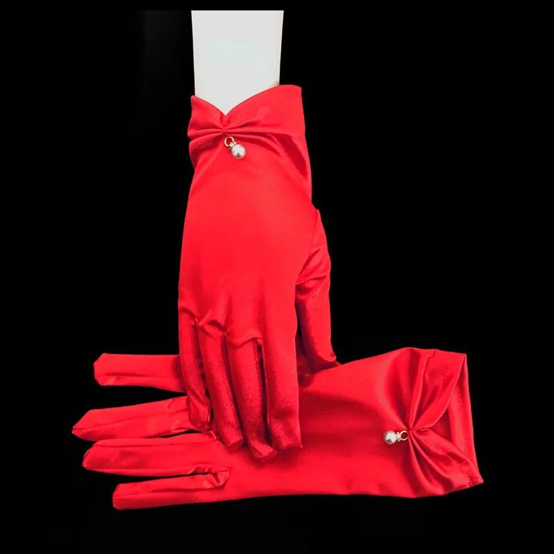 Elegant White Satin Bridal Gloves with Pearl & Bow Detail