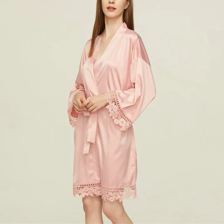 Lace-Trim Satin Bridal Robe | Long Kimono Dressing Gown for Brides & Bridesmaids
