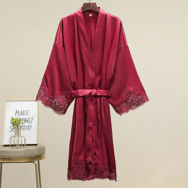 Lace-Trim Satin Bridal Robe | Long Kimono Dressing Gown for Brides & Bridesmaids