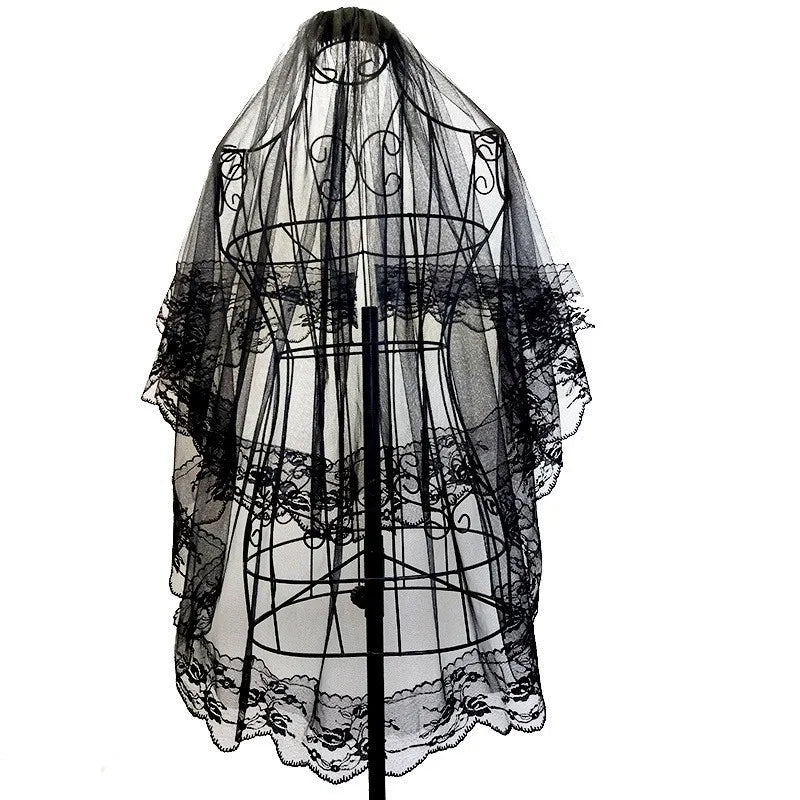 Two-Layer Lace Bridal Veil with Comb | White & Black Wedding Veil | Short Bridal Hair Accessory