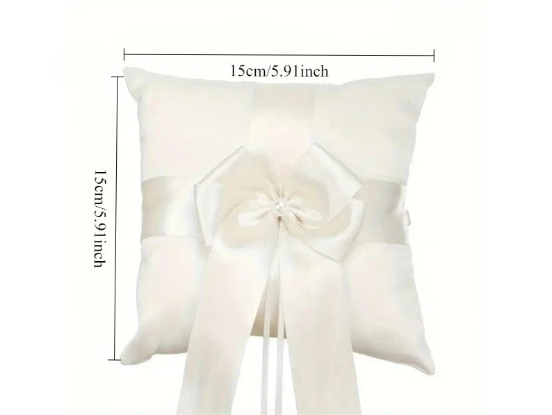 Wedding Ring Bearer Pillow & Flower Girl Basket — Ivory Satin with Pearl & Bow Ceremony Decor