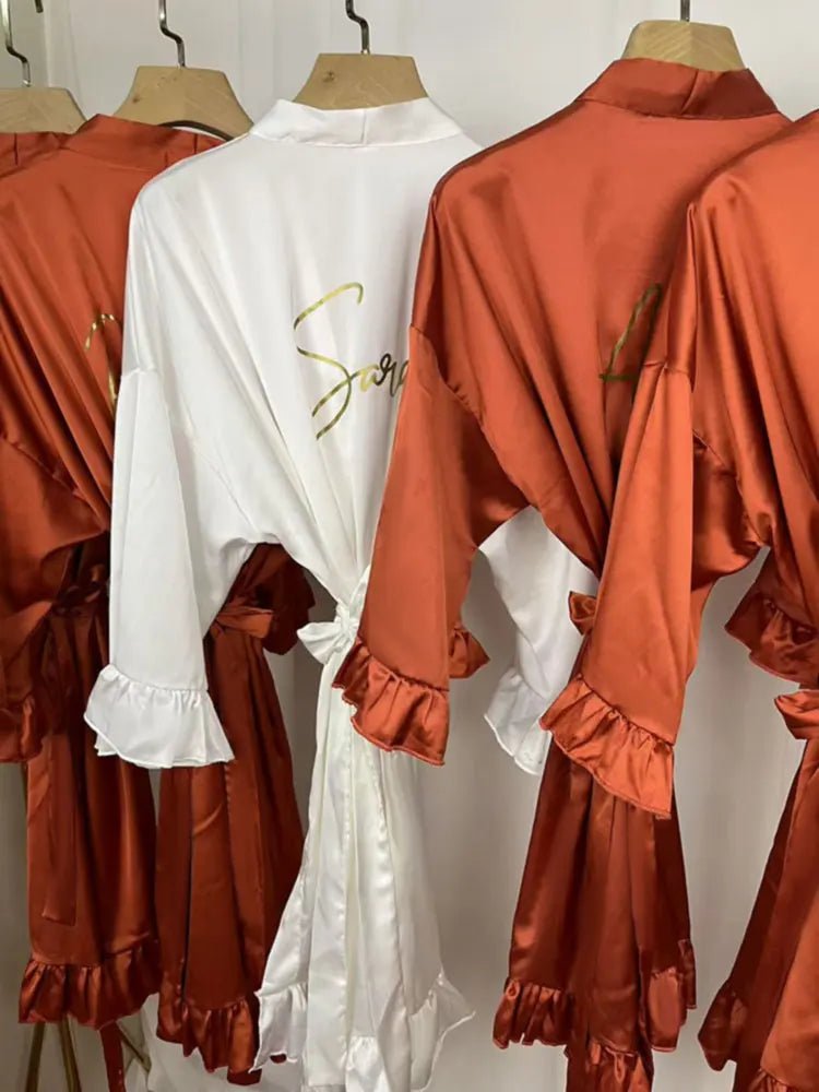 Personalized Ruffled Satin Bridesmaid Robe | Custom Name & Role | Luxury Kimono for Wedding Party