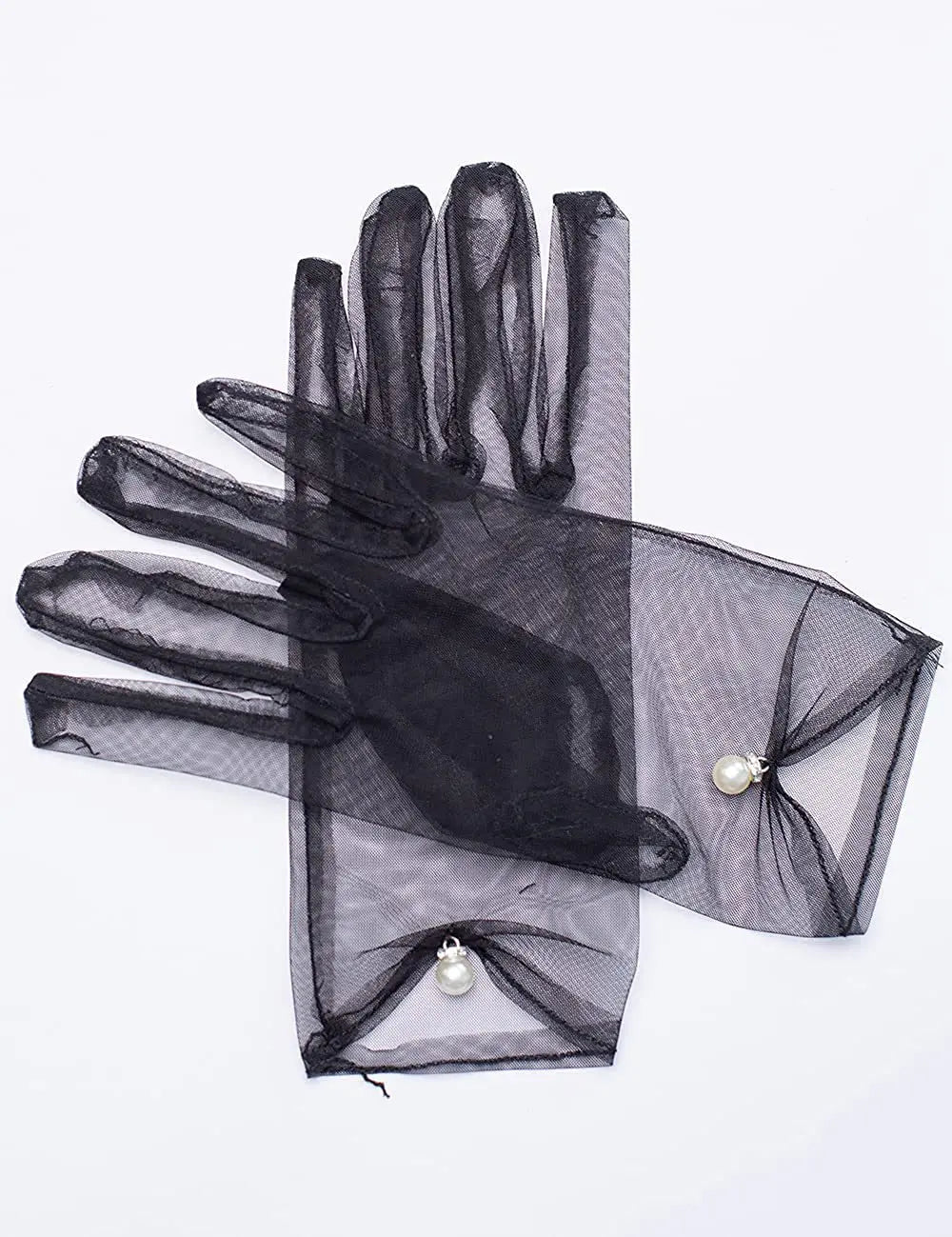 Elegant White Satin Bridal Gloves with Pearl & Bow Detail