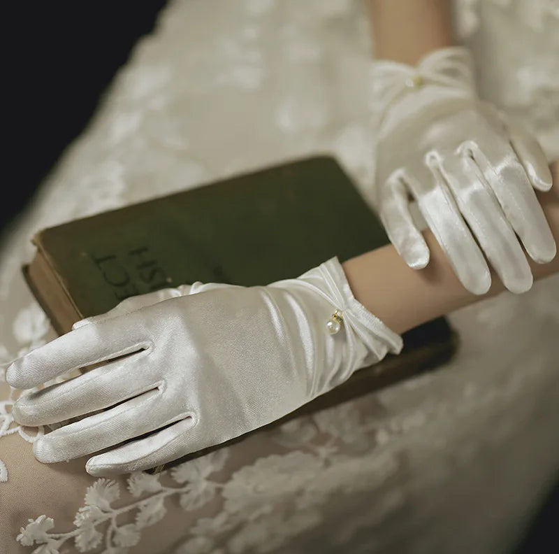 Elegant White Satin Bridal Gloves with Pearl & Bow Detail
