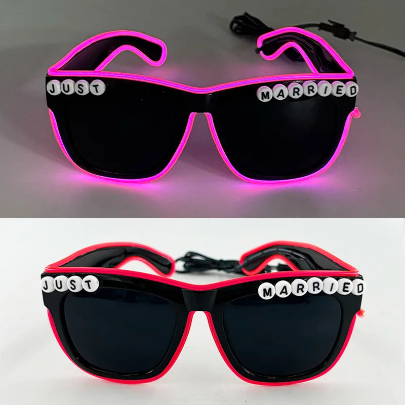 LED Glowing "Just Married" Heart Glasses – Bridal Party & Wedding Celebration Novelty Sunglasses