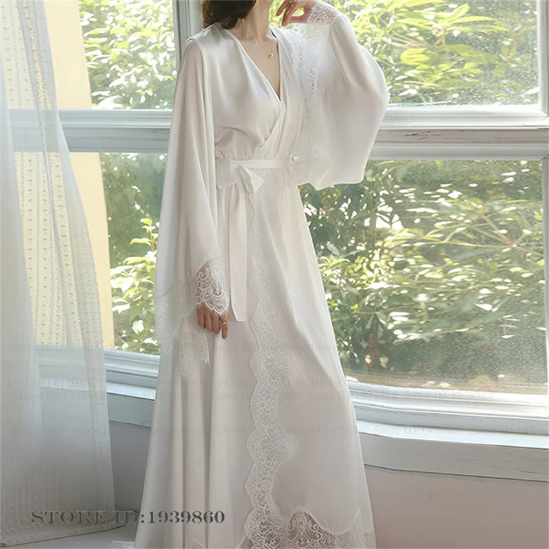 White Lace-Trim Bridal Robe | Ankle-Length Ice Silk Kimono Gown for Brides