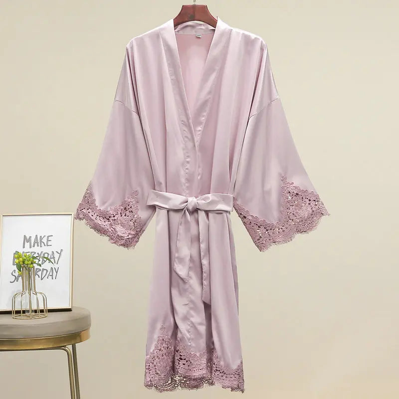 Lace-Trim Satin Bridal Robe | Long Kimono Dressing Gown for Brides & Bridesmaids