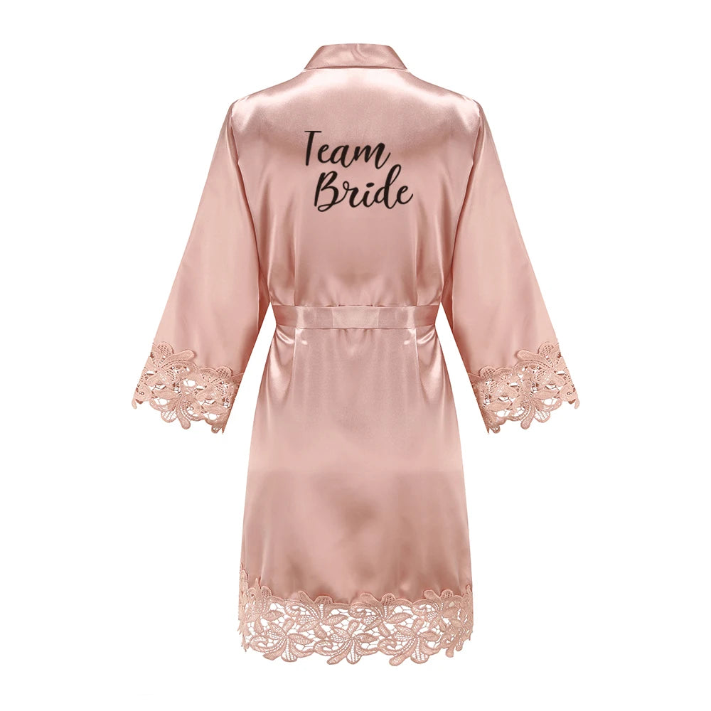 Rose Gold Satin Lace Bridesmaid Robe | Elegant Dressing Gown for Bride & Wedding Party — Bachelorette Gift