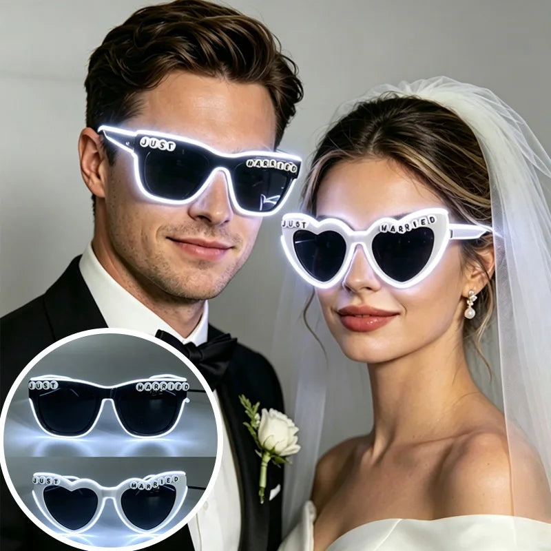 LED Glowing "Just Married" Heart Glasses – Bridal Party & Wedding Celebration Novelty Sunglasses