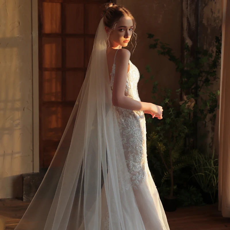 Romantic Single-Layer Bridal Veil with Comb – Long Train White Wedding Tulle Headpiece
