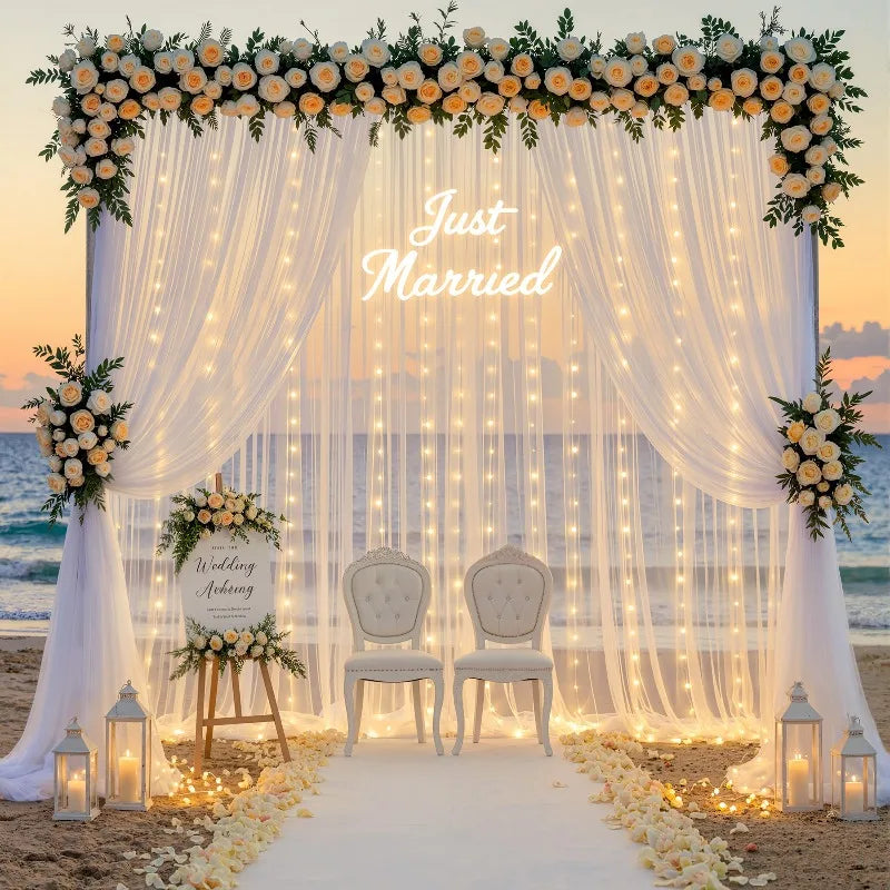Tulle Backdrop Curtains with Fairy Lights – 3-Piece Wedding & Bridal Shower Decor Set