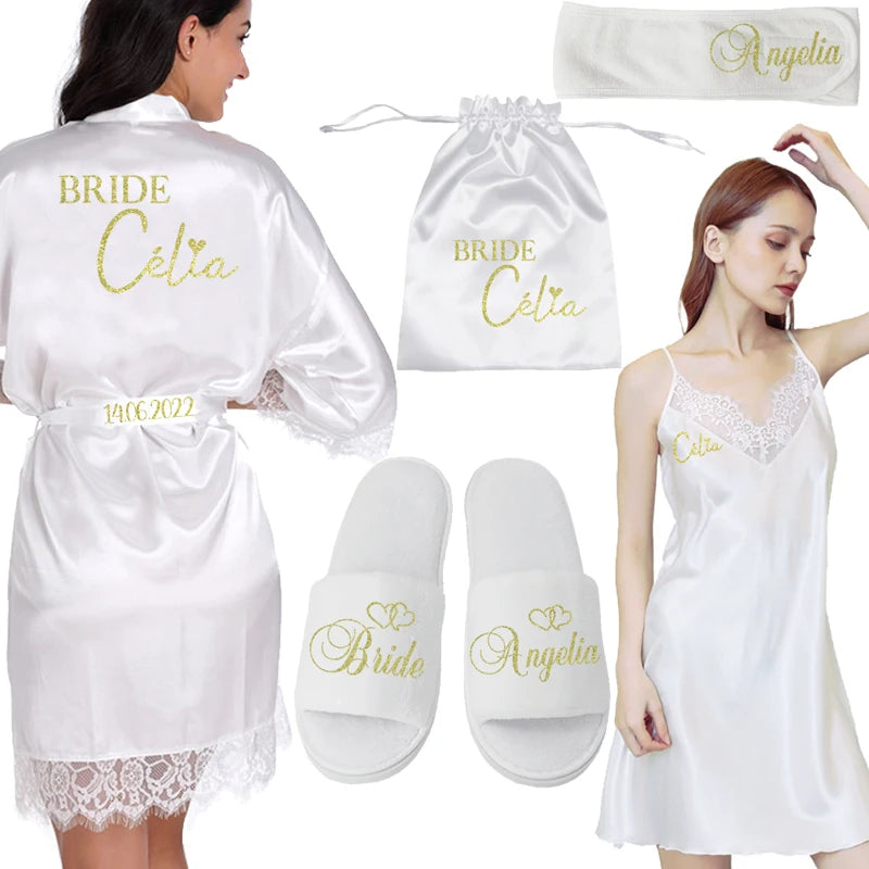 Personalized Lace Pajama Set for Bride & Bridesmaids | Custom Name, Date & Design — Wedding Party Gift