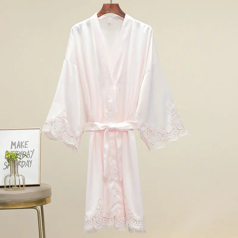 Lace-Trim Satin Bridal Robe | Long Kimono Dressing Gown for Brides & Bridesmaids
