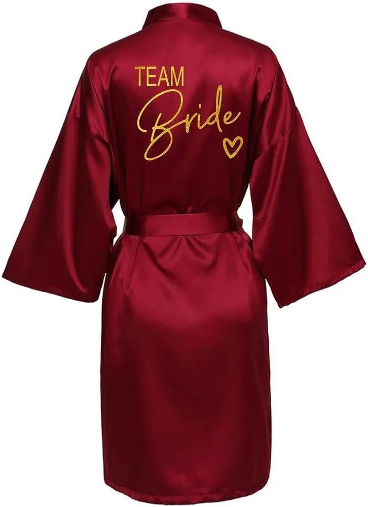 Satin Bridal Party Robe with Gold Lettering | Kimono Bathrobe for Bride & Bridesmaids — Wedding Morning Essential
