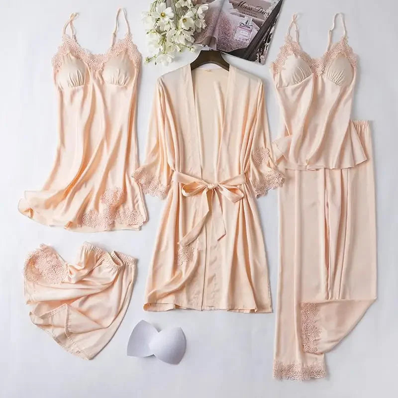 Bridal Satin Pajama Set – 5-Piece Bride Robe, Nightgown & Sleepwear Collection