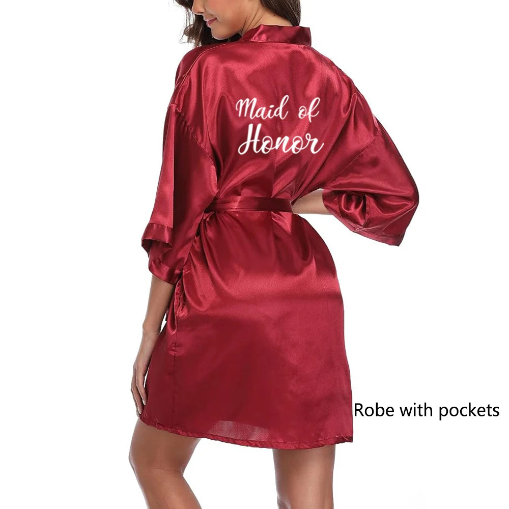 Satin "Team Bride" Kimono Robe | Mini Bridal Party Bathrobe with White Lettering