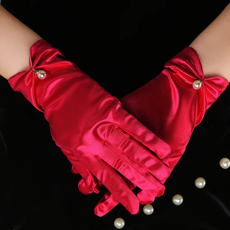Elegant White Satin Bridal Gloves with Pearl & Bow Detail