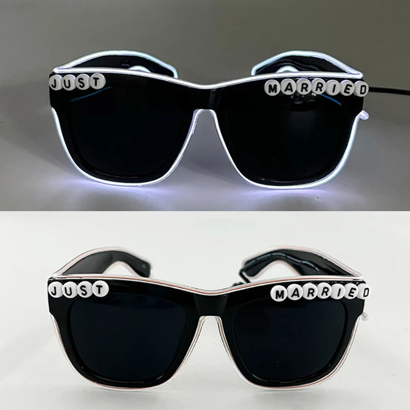 LED Glowing "Just Married" Heart Glasses – Bridal Party & Wedding Celebration Novelty Sunglasses