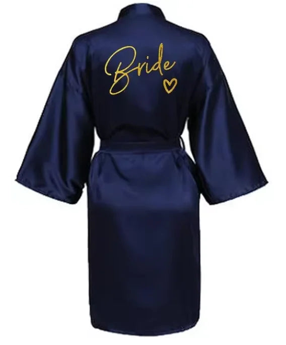 Satin Bridal Party Robe with Gold Lettering | Kimono Bathrobe for Bride & Bridesmaids — Wedding Morning Essential