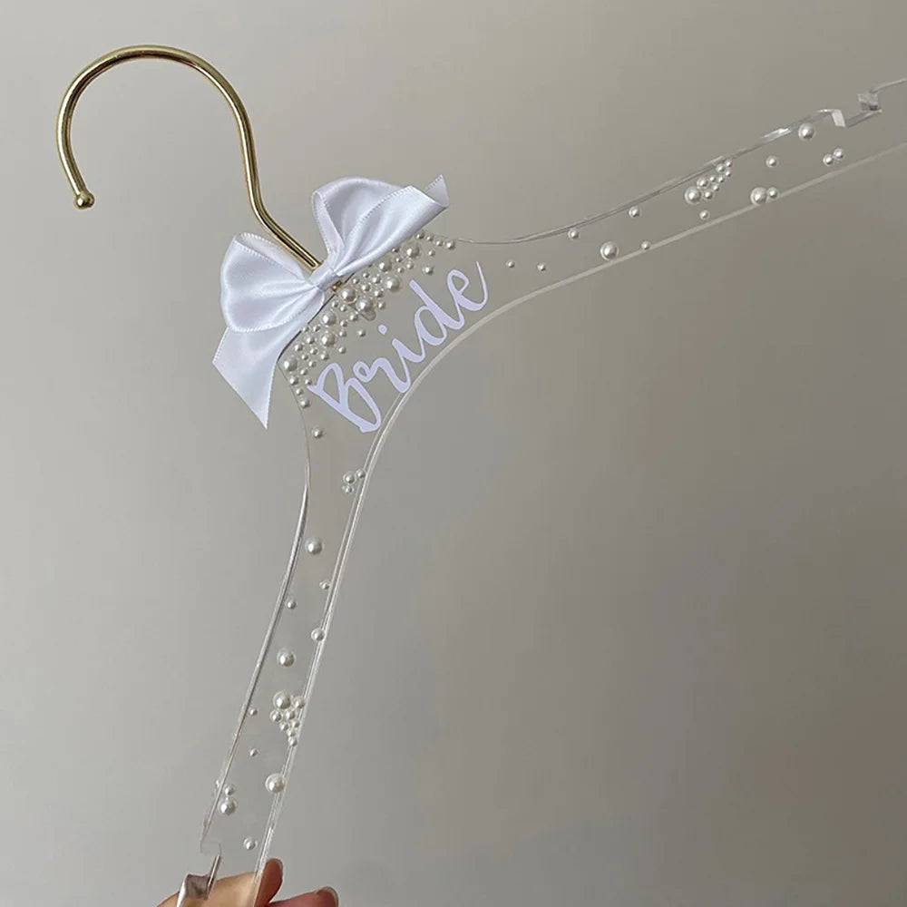 Bridal Acrylic Dress Hanger with Pearls & Bow — Wedding Day Keepsake Gift