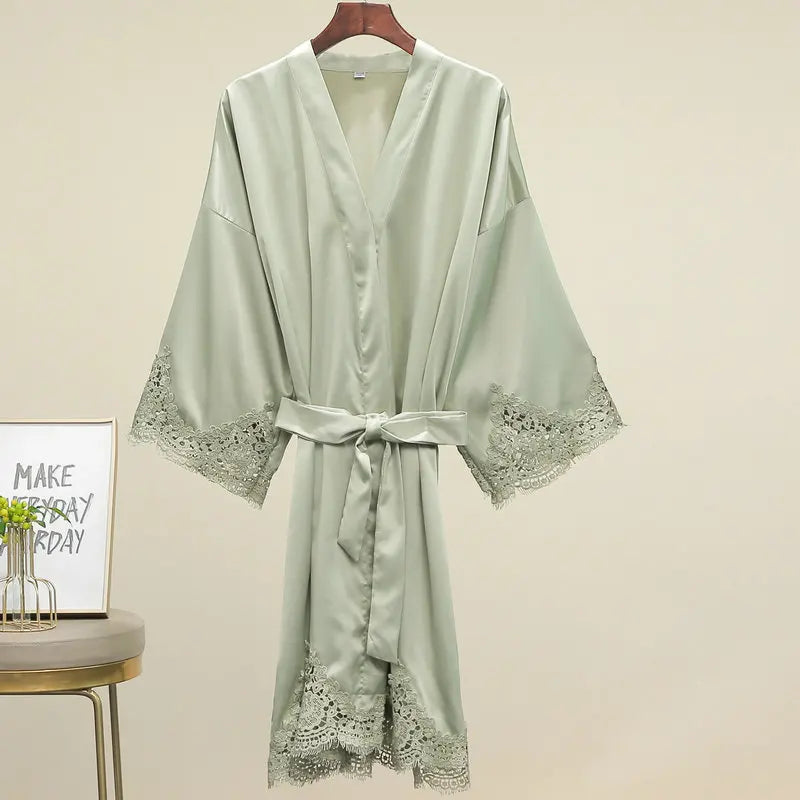 Lace-Trim Satin Bridal Robe | Long Kimono Dressing Gown for Brides & Bridesmaids