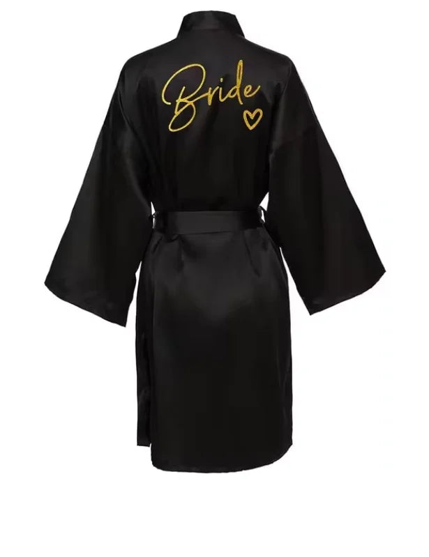 Satin Bridal Party Robe with Gold Lettering | Kimono Bathrobe for Bride & Bridesmaids — Wedding Morning Essential