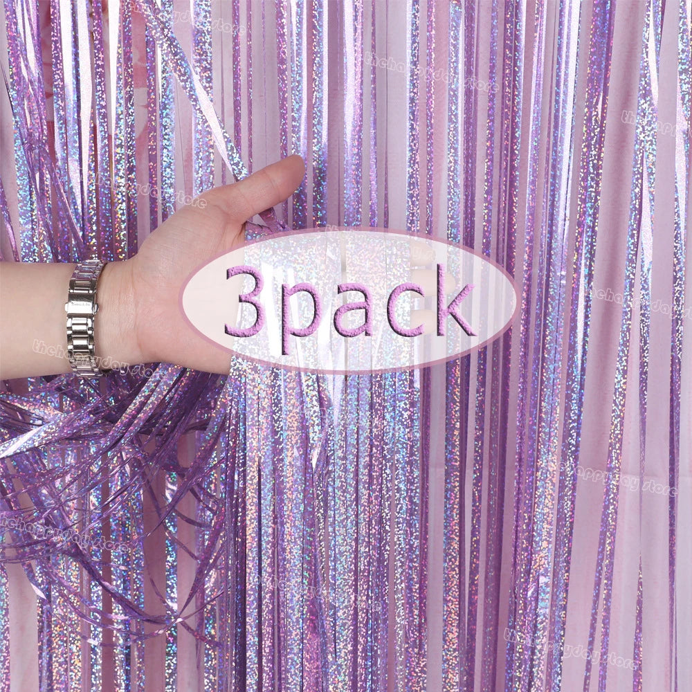 3-Pack Metallic Foil Tinsel Fringe Curtains | Glitter Party Backdrop for Bachelorette, Bridal Shower & Wedding Décor
