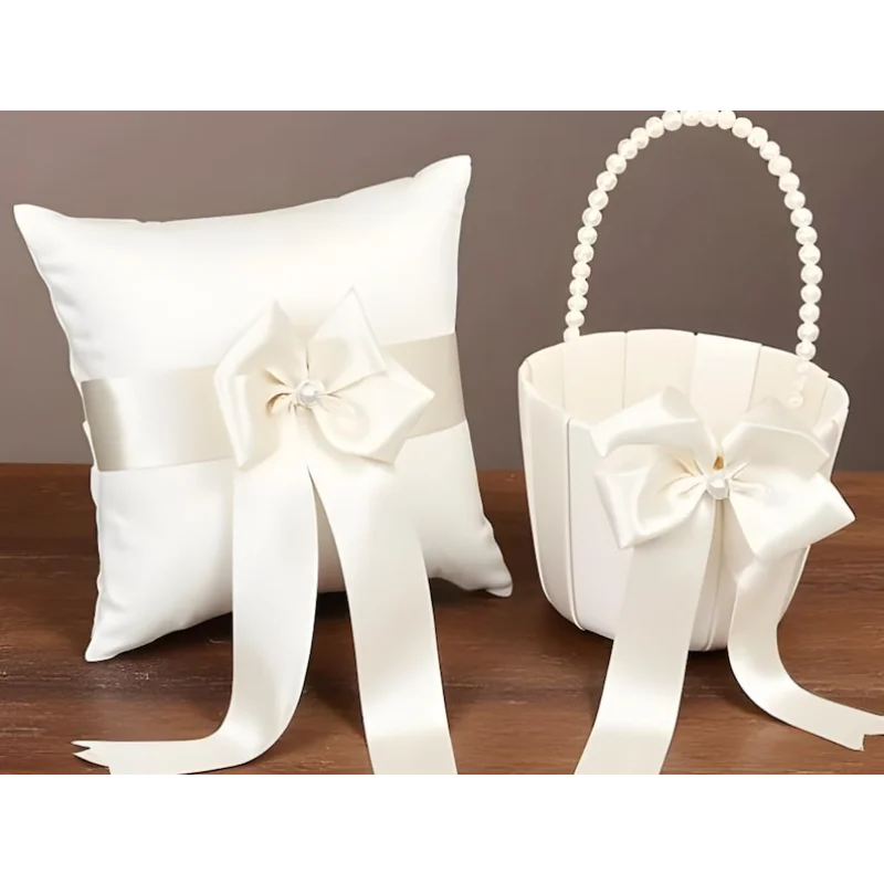 Wedding Ring Bearer Pillow & Flower Girl Basket — Ivory Satin with Pearl & Bow Ceremony Decor