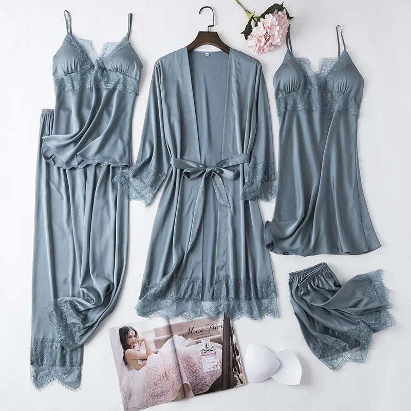 Bridal Satin Pajama Set – 5-Piece Bride Robe, Nightgown & Sleepwear Collection