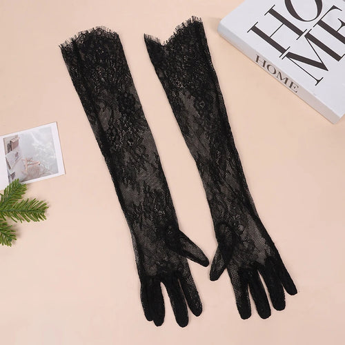 Black Lace Bridal Gloves – Sheer Long Floral Evening Gloves for Wedding & Special Occasions