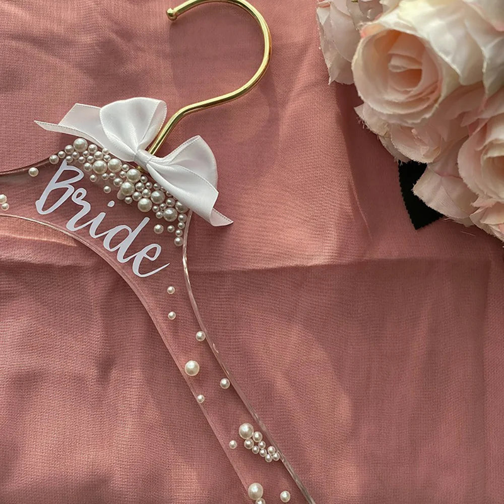 Bridal Acrylic Dress Hanger with Pearls & Bow — Wedding Day Keepsake Gift