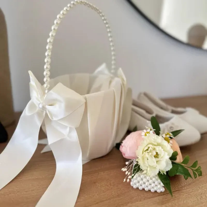 Wedding Ring Bearer Pillow & Flower Girl Basket — Ivory Satin with Pearl & Bow Ceremony Decor