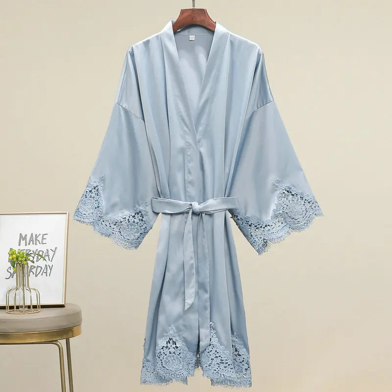Lace-Trim Satin Bridal Robe | Long Kimono Dressing Gown for Brides & Bridesmaids