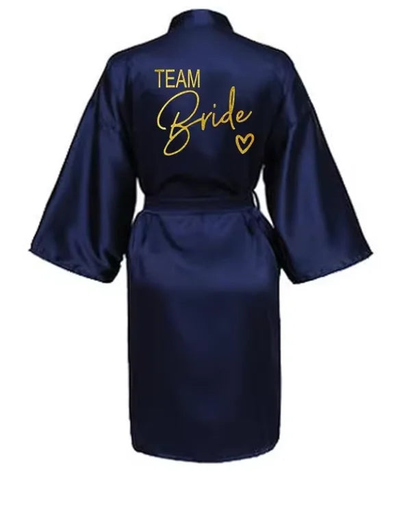 Satin Bridal Party Robe with Gold Lettering | Kimono Bathrobe for Bride & Bridesmaids — Wedding Morning Essential