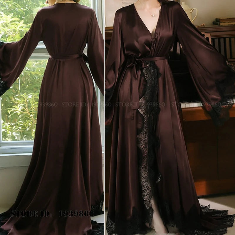White Lace-Trim Bridal Robe | Ankle-Length Ice Silk Kimono Gown for Brides