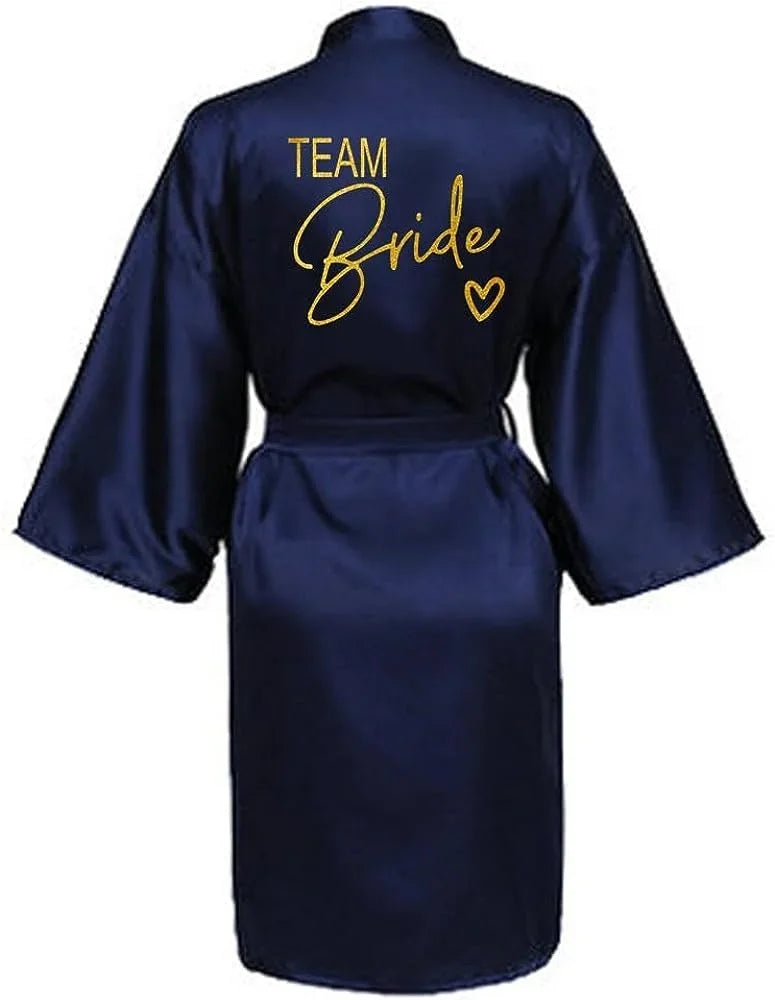 Satin Bridal Party Robe with Gold Lettering | Kimono Bathrobe for Bride & Bridesmaids — Wedding Morning Essential