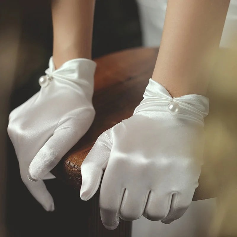 Elegant White Satin Bridal Gloves with Pearl & Bow Detail