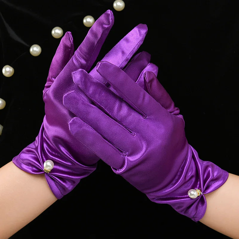 Elegant White Satin Bridal Gloves with Pearl & Bow Detail