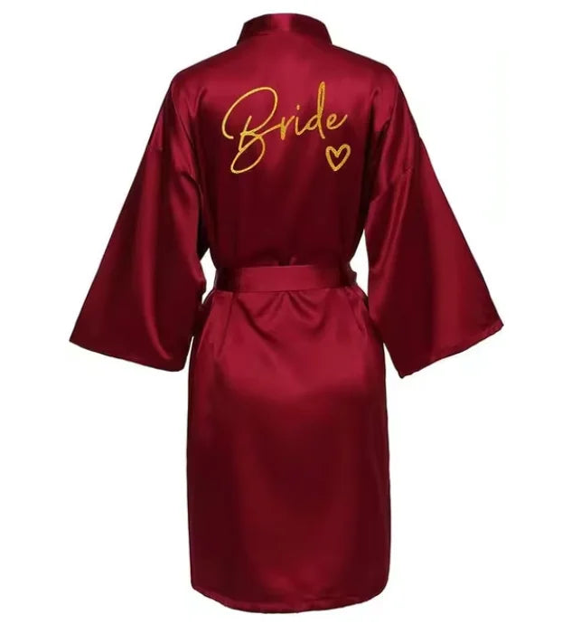 Satin Bridal Party Robe with Gold Lettering | Kimono Bathrobe for Bride & Bridesmaids — Wedding Morning Essential