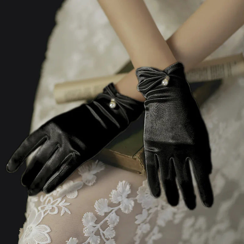 Elegant White Satin Bridal Gloves with Pearl & Bow Detail