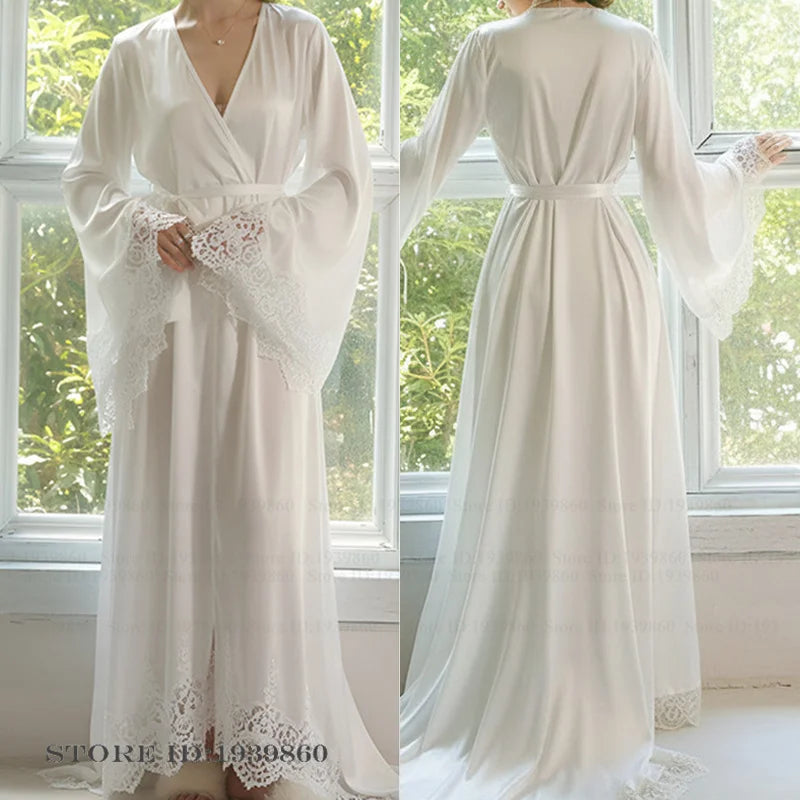 White Lace-Trim Bridal Robe | Ankle-Length Ice Silk Kimono Gown for Brides